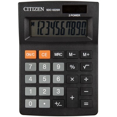 Калькулятор настольный Citizen "SDC-022SR", 10-разрядный, 88 х 127 х 23 мм, двойное питание, черный