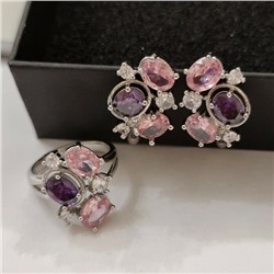Комплект ювелирная бижутерия, серьги и кольцо посеребрение, камни розово-фиолетовые, р-р 18, 57228 арт.847.885