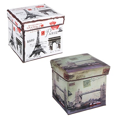 Пуфик-куб складной, ПУ, спанбонд, картон, 31х31х31см, до 80 кг, Путешествия, 2 дизайна