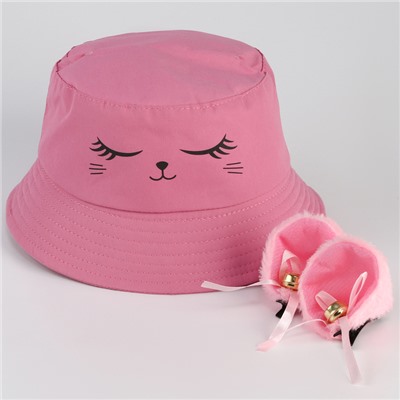 Панама детская для девочки «Кошка», +ушки-заколки, цвет розовый, р-р 54