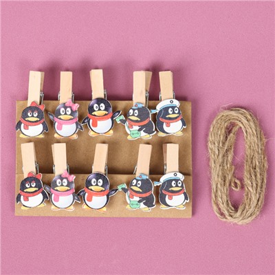 Прищепки декоративные с верёвкой для подвеса «Пингвины» набор 10 шт., 2,5 × 12,5 × 13,5 см