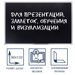 Доска магнитно-меловая, 90х120 см, ЧЁРНАЯ, Calligrata СТАНДАРТ, в алюминиевой рамке, с полочкой