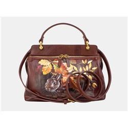 Коньячная кожаная сумка с росписью из натуральной кожи «W0042 Cognac Кролик в лесу»