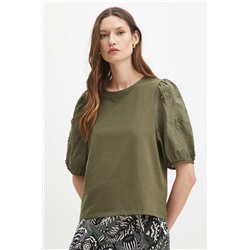 T-shirt bawełniany damski z domieszką elastanu z aplikacją kolor zielony