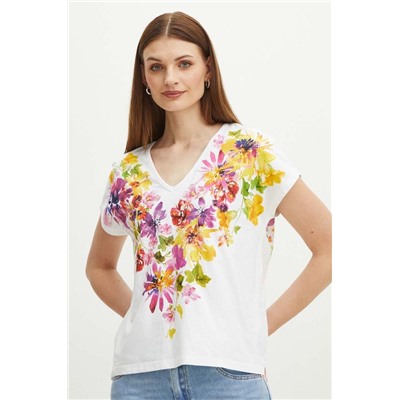 T-shirt bawełniany damski z domieszką elastanu w kwiaty kolor biały