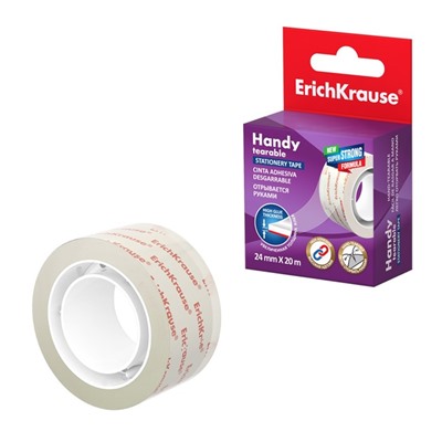 Клейкая лента канцелярская, 24 мм х 20 м, ErichKrause "Handy tearable", усиленная, отрывается руками, в коробке, с европодвесом