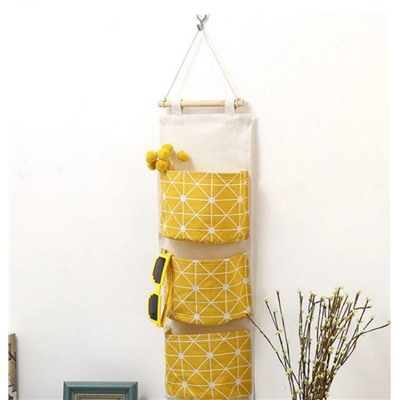 Подвесная сумка для хранения из хлопка и льна с принтом, 3 кармана yellow