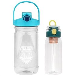 Бутылка пластмассовая для воды (напитков), набор 2 штуки: 0,7л д7,6см h21см, герметичная, закручивающаяся крышка с кнопкой-фиксатором, силиконовый подвес, фильтр; 1,9л д11см h27см, герметичная, закручивающаяся крышка с поильником, с кнопкой-фиксаторо