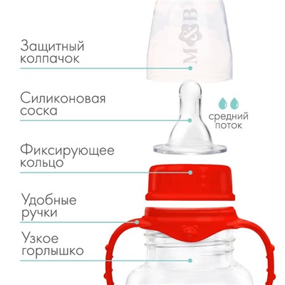 Бутылочка для кормления детская приталенная, с ручками, 150 мл, от 0 мес., цвет красный