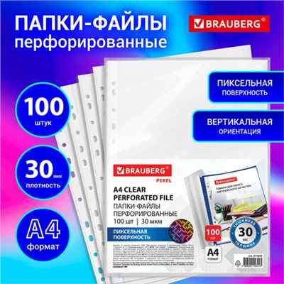 Папки-файлы перфорированные с антибликовой текстурой А4 BRAUBERG PIXEL, КОМПЛЕКТ 100 шт., 30 мкм, 271826