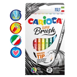 Фломастеры-кисть 10 цветов, Carioca "Super Brush", смываемые, мягкий и гибкий наконечник, супер яркие цвета, картон, европодвес