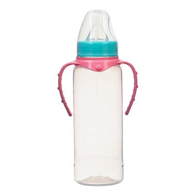 Бутылочка для кормления, классическое горло, 250 мл., от 0 мес., цилиндр, с ручками, цвет бирюзовый/розовый