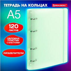 Тетрадь на кольцах А5 175х220 мм, 120 л., пластик, с резинкой и разделителями, BRAUBERG, Зеленый, 404632