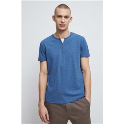 T-shirt bawełniany męski z ozdobnymi guzikami z domieszką elastanu kolor niebieski