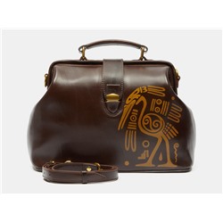 Коричневая кожаная сумка с росписью из натуральной кожи «W0023 Brown Цапля орнамент»