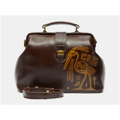 Коричневая кожаная сумка с росписью из натуральной кожи «W0023 Brown Цапля орнамент»