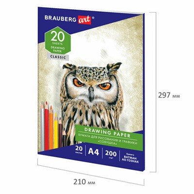 Бумага для рисования и графики в папке А4, 20 л., 200 г/м2, ВАТМАН ГОЗНАК, BRAUBERG ART CLASSIC, 114492