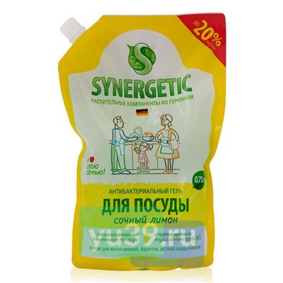 SYNERGETIC ДОЙ-ПАК Средство для мытья посуды и детских игрушек с ароматом Лимона биоразлагаемое, 750 мл.