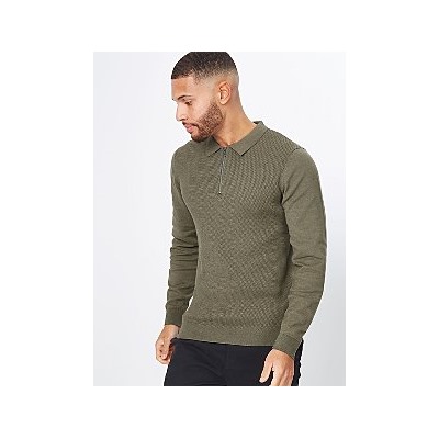 Brown Knitted Long Sleeve Zip Neck Polo Shirt